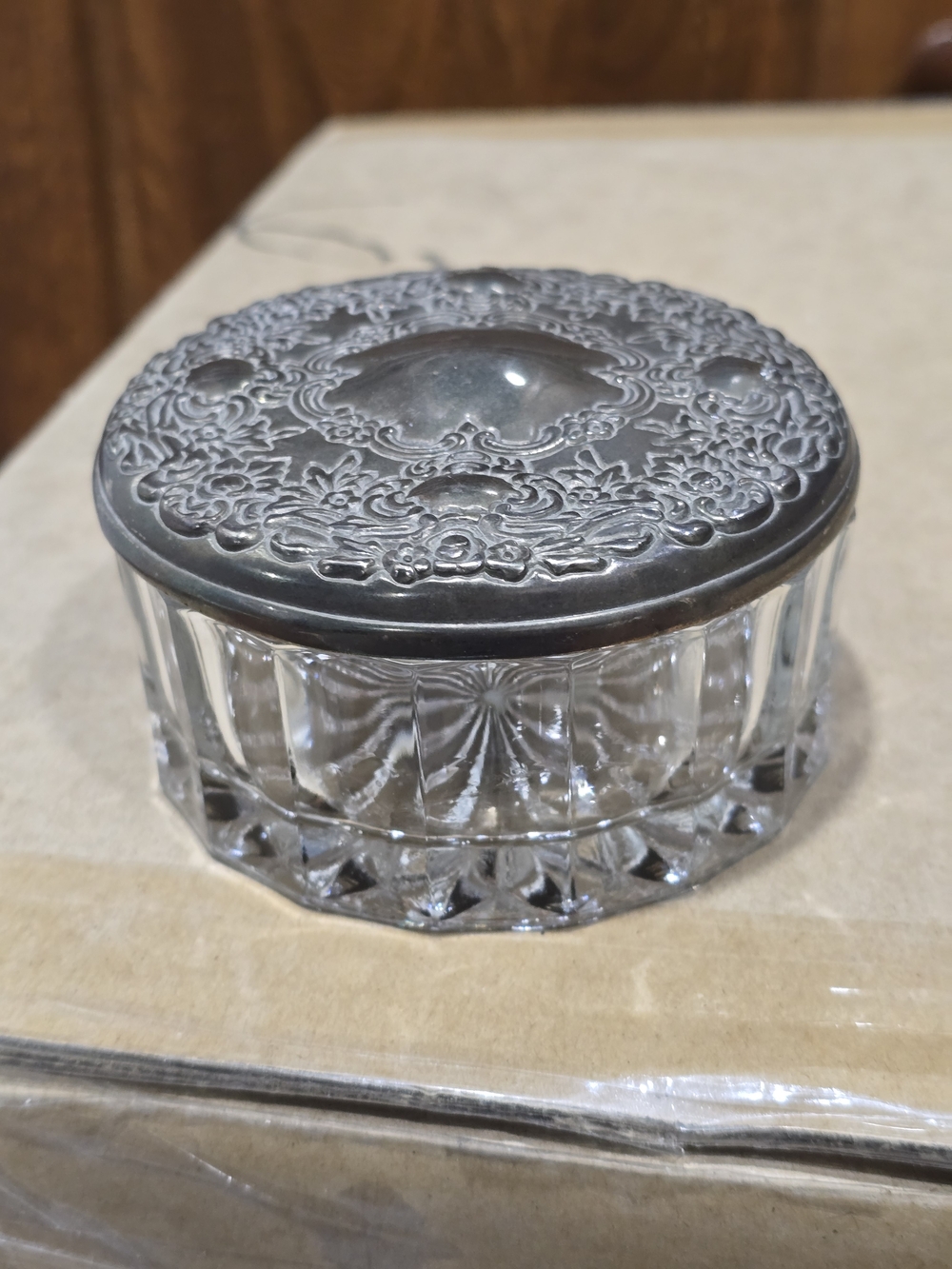 KIG Indonisian Vintage Glass Powder Jar with Ornate Silver-Tone Lid